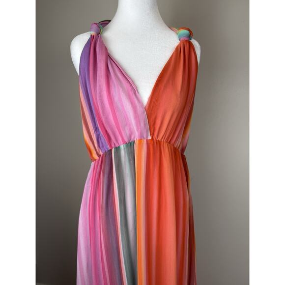 MNG by Mango Rainbow Striped Halter Maxi Dress Tie V-neck Sz 6 - Picture 8 of 11